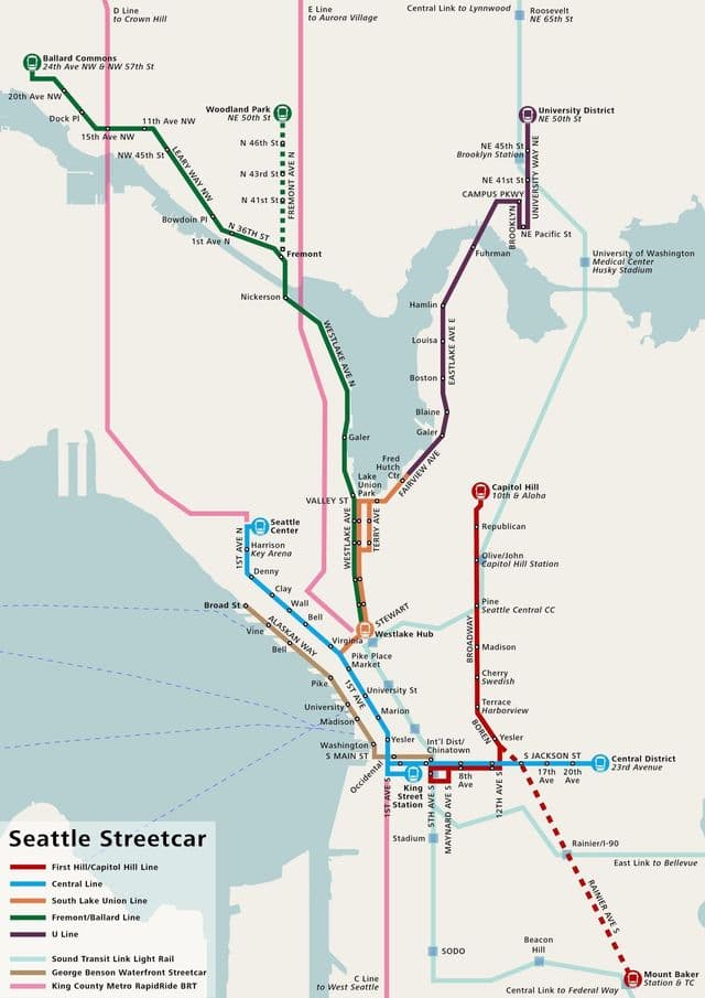Mapa das estações de bondes de Seattle